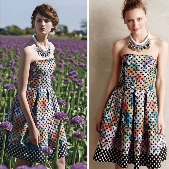Anthropologie Sz 0 Corey Lynn Calter Polka Dot Strapless Floral Dress Was $298 - Picture 2 of 11